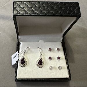 Silver Flate Filgree Tonl Purple Crystal 4-Pair Ear Set NWT
